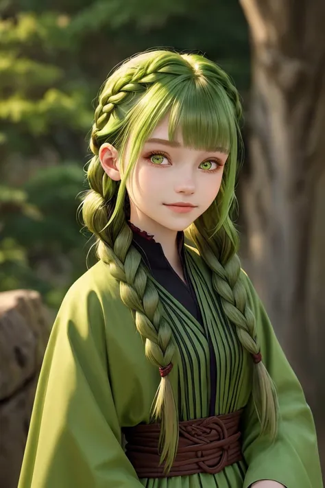 a close up of a person with green hair and a green dress