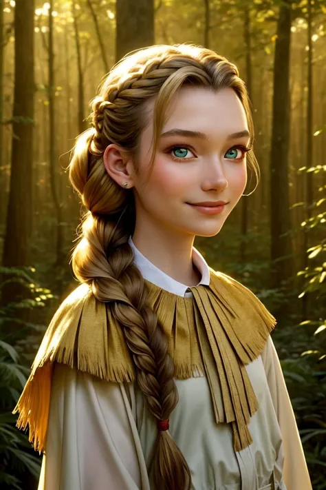 (high angle, headshot:1.2) photo of AlexandraLenarchyk <lora:AlexandraLenarchyk_v1:.9>, smiling, she is wearing shoulder cape , she is wearing ascot, her hair is styled as four-strand braid, BREAK she is (walking in a forest:1.1), warm golden hour lighting, Kodak Vision3 IMAX , in the style of James Bidgood