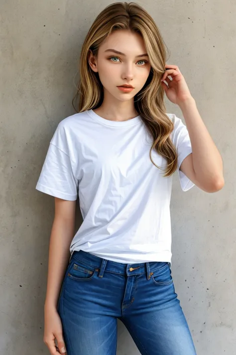 (long shot:1.4), AlexandraLenarchyk wearing a t-shirt and jeans