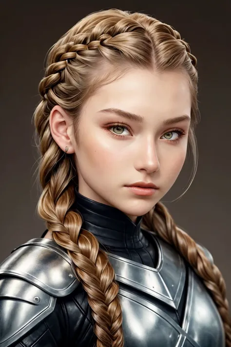 headshot photo of AlexandraLenarchyk <lora:AlexandraLenarchyk_v1:.9>, focus on face, wearing leather armor , her hair is styled ...