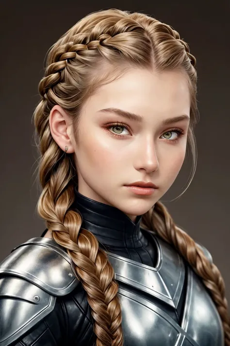 headshot photo of AlexandraLenarchyk focus on face, wearing leather armor , her hair is styled as dutch fishtail crown braid,