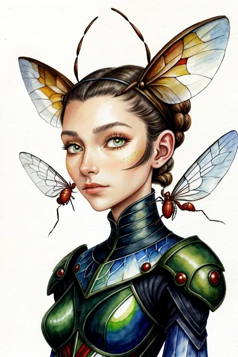 an extremely detailed, intricate watercolor painting of <lora:AlexandraLenarchyk_v1:.9> AlexandraLenarchyk with ant antenna on h...