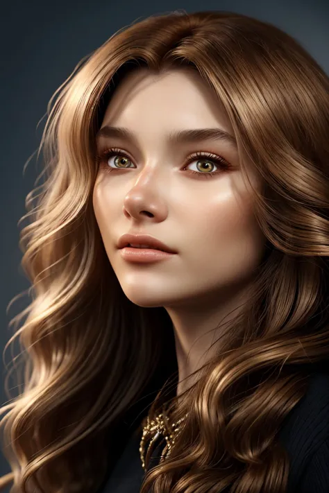 Modelo 3D profesional, renderizado de octanaje, muy detallado, volumétrico, iluminación dramática AlexandraLenarchyk, centrarse en los ojos, cerrar la cara, usando joyas, cabello color miel peinado en capas onduladas