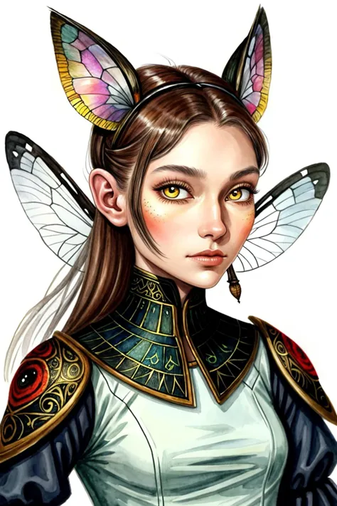 an extremely detailed, intricate watercolor painting of <lora:AlexandraLenarchyk_v1:.9> AlexandraLenarchyk with ant antenna on h...