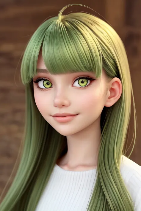 AlexandraLenarchyk <lora:AlexandraLenarchyk_v1:.9>, focus on eyes, close up on face, smiling, light green hair styled Straight Curved Bangs