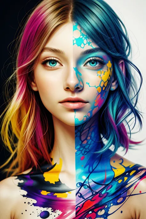 realistic photo of <lora:AlexandraLenarchyk_v1:.9> AlexandraLenarchyk, ink splash, colorful, fractal
