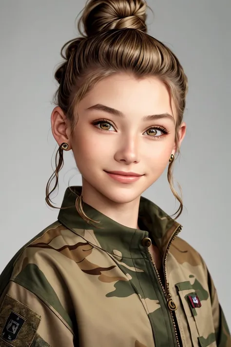 headshot photo of AlexandraLenarchyk <lora:AlexandraLenarchyk_v1:.9>, focus on smiling face, wearing camo , her hair is styled a...