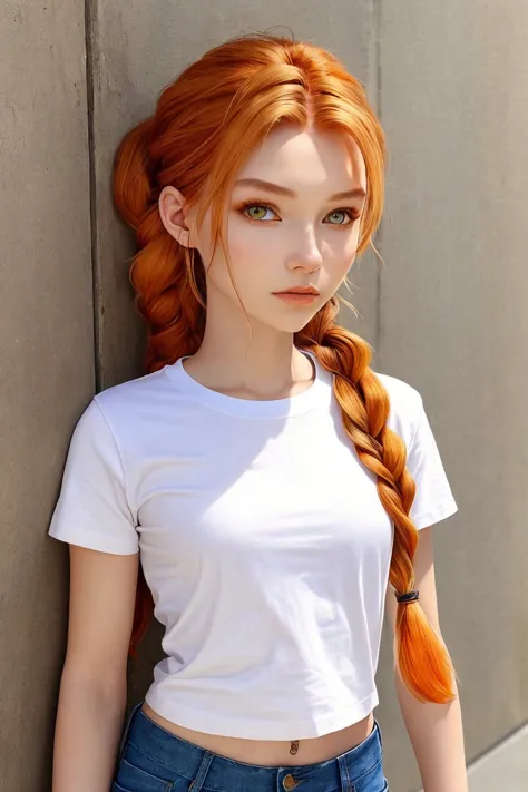 upper body photo of AlexandraLenarchyk focus on face, wearing a tshirt and jeans , her golden-orange color hair is styled as snake braid,