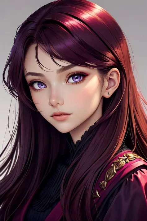 AlexandraLenarchyk <lora:AlexandraLenarchyk_v1:.9>, focus on eyes, close up on face, dark plum hair styled volume at the crown
