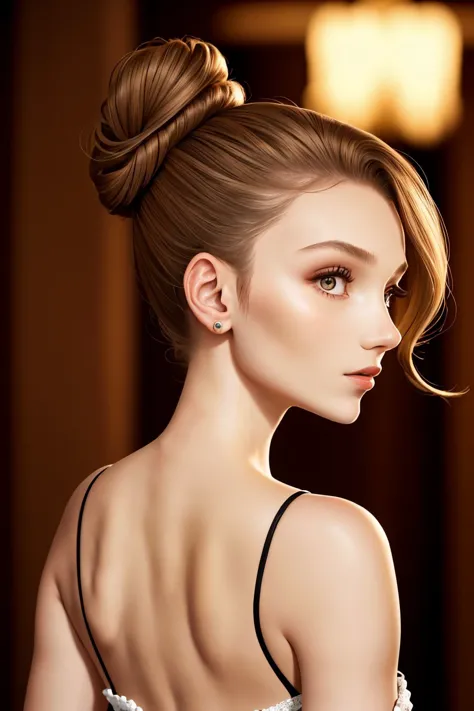 headshot <lora:AlexandraLenarchyk_v1:.9> AlexandraLenarchyk, focus on face, from behind wearing an elegant evening gown , her hair is styled as knot bun hair,