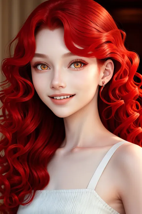 <lora:AlexandraLenarchyk_v1:.9> AlexandraLenarchyk, focus on eyes, close up on face, laughing, ferrari red color hair styled Curly Glamour Waves