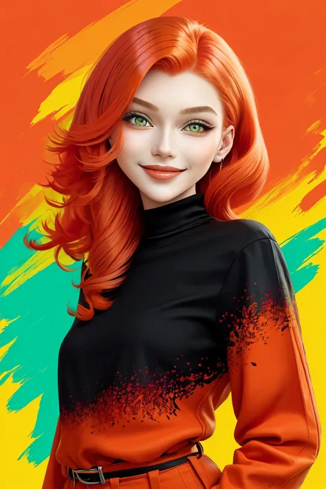 (fauvist style, bright, unnatural colors, bold brushwork:1.2) <lora:AlexandraLenarchyk_v1:.9> AlexandraLenarchyk, focus on eyes, close up on face, huge smile, salmon-orange color hair styled Straight Pin-Straight Hair