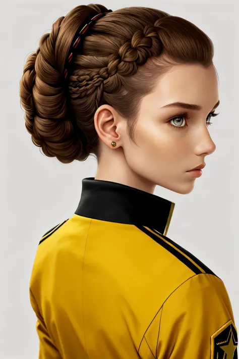 upper body <lora:AlexandraLenarchyk_v1:.9> AlexandraLenarchyk, focus on face, from behind wearing a star trek uniform , her hair is styled as dutch braided chignon,