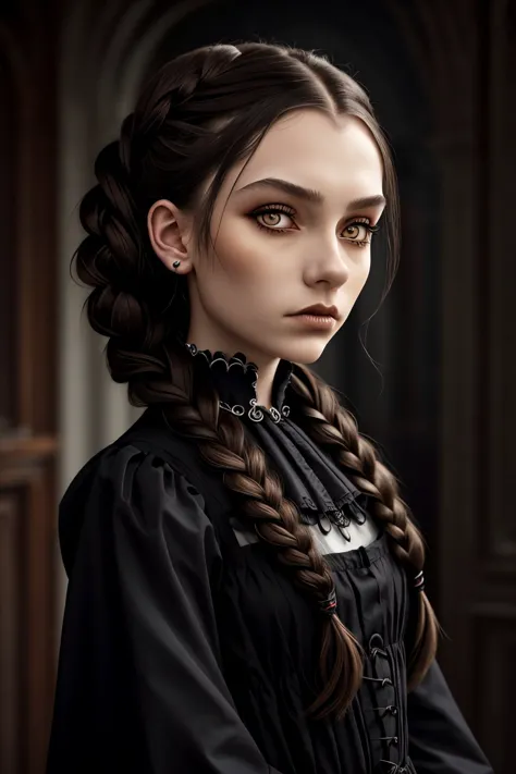 (gothic rendition of, dark, macabre, highly detailed, brooding:1.2) portrait <lora:AlexandraLenarchyk_v1:.9> AlexandraLenarchyk, focus on face, wearing conservative clothing , her hair is styled as Straight French Braid,