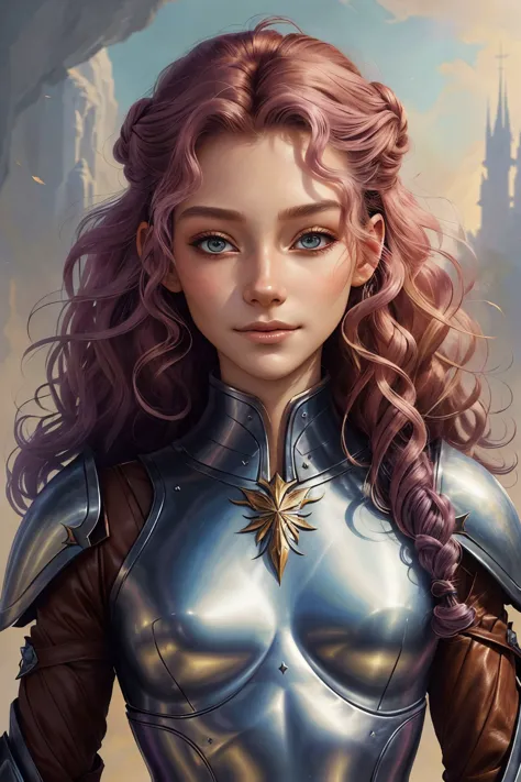 (ethereal fantasy concept art of, magnificent, celestial, ethereal, painterly, epic, majestic, magical, fantasy art, cover art, dreamy:1.2) headshot <lora:AlexandraLenarchyk_v1:.9> AlexandraLenarchyk, focus on smiling face, wearing leather armor , her amou...