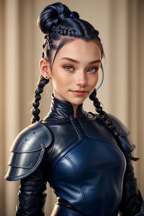 (photorealistic rendering of, detailed, realistic, high definition:1.2) headshot <lora:AlexandraLenarchyk_v1:.9> AlexandraLenarchyk, focus on smiling face, wearing leather armor , her midnight blue color hair is styled as Straight Ballerina Bun with Braids...