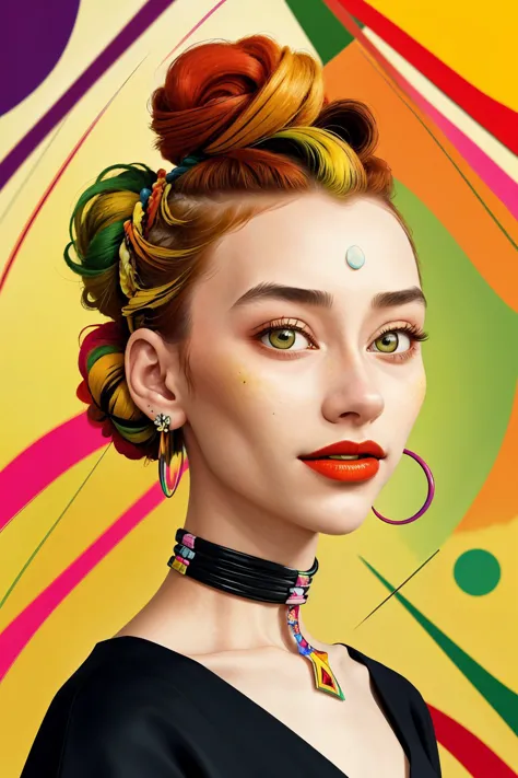 (abstract interpretation of, non-objective, color field, patterned, Kandinsky style:1.2) <lora:AlexandraLenarchyk_v1:.9> AlexandraLenarchyk, focus on eyes, close up on face, laughing, wearing jewelry, lime peel color hair styled twisted updo hair