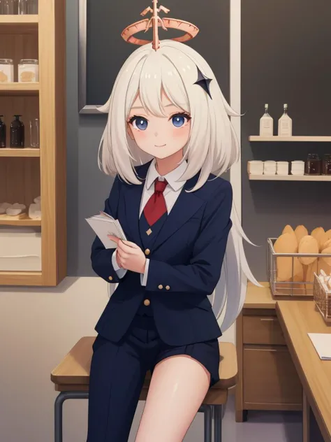 anime girl in a suit sitting on a table with a note