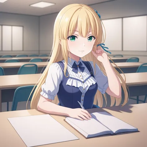 anime girl sitting at a desk with a book and pen