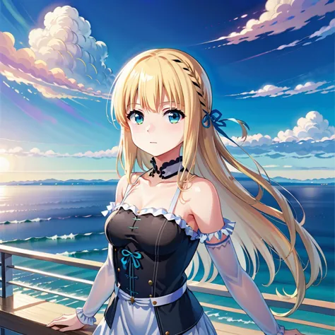 anime girl with long blonde hair standing on a deck near the ocean