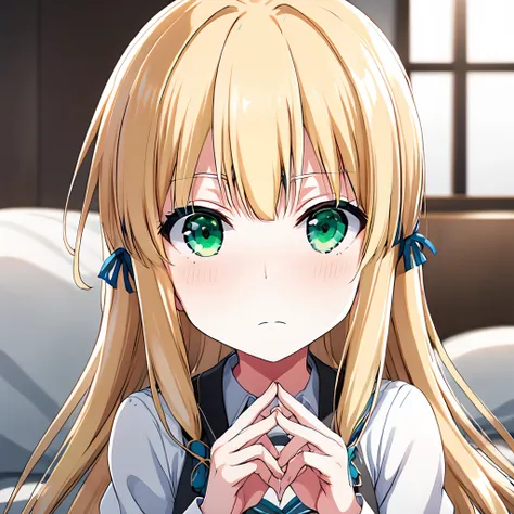 anime girl with long blonde hair and green eyes sitting on a bed