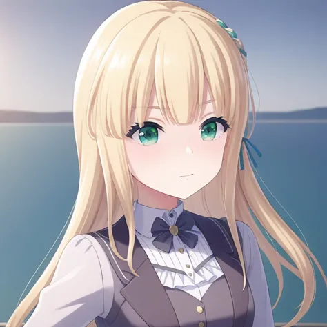 anime girl with long blonde hair and green eyes standing in front of a body of water