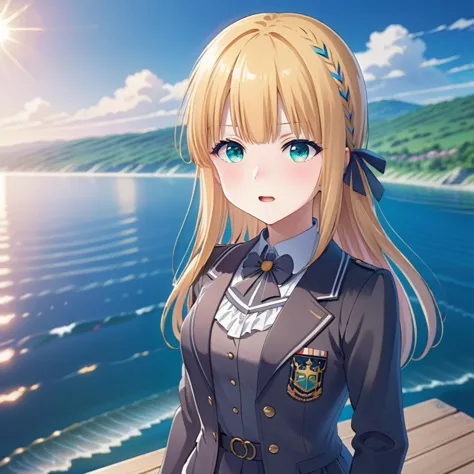 anime girl in uniform standing on a dock overlooking the ocean