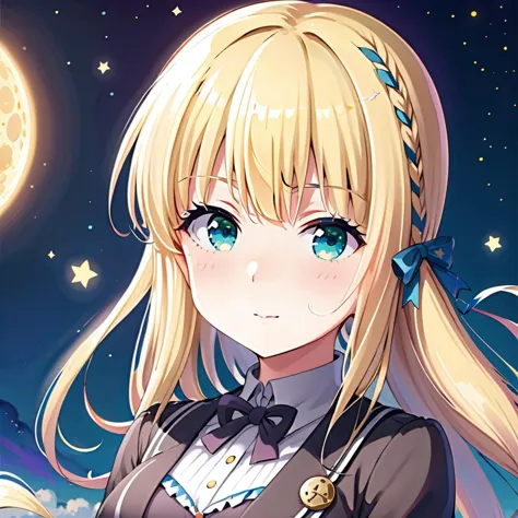 anime girl with long blonde hair and blue eyes standing in front of a full moon