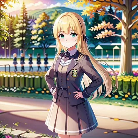 anime girl in uniform standing in front of a park