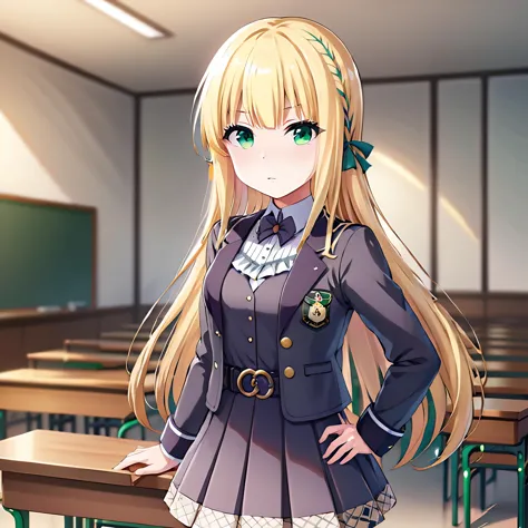 anime girl in school uniform standing in front of desks