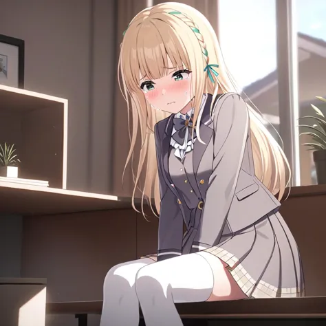 anime girl sitting on a desk with a laptop in her lap