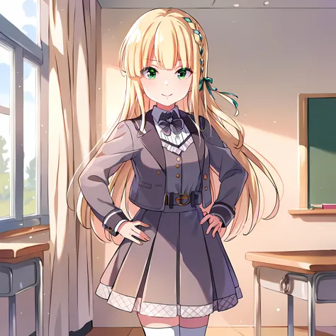 score_9,score_8_up,classroom,

1girl, solo, ichinoserei2, icre2 school uniform, icre2 jacket, re2idoly hair ribbon, smile, hands on own hips, white thighhighs, arm at side, mary janes, looking at viewer, closed mouth, standing, 