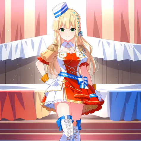 score_9,outdoor,on stage,

1girl, solo, ichinoserei2, smile, reibigf hat, reibigf dress, reibigf hair ribbon, reibigf gloves, reibigf thigh strap, reibigf cross-laced boots, hand on own hip, looking at viewer,
