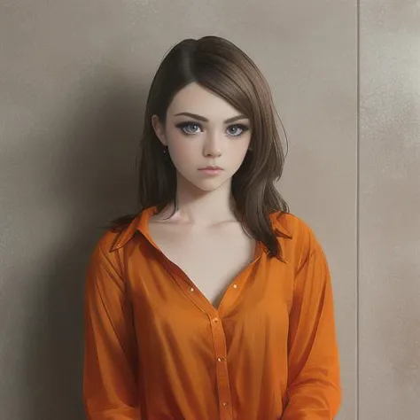 a close up of a woman in an orange shirt posing for a picture