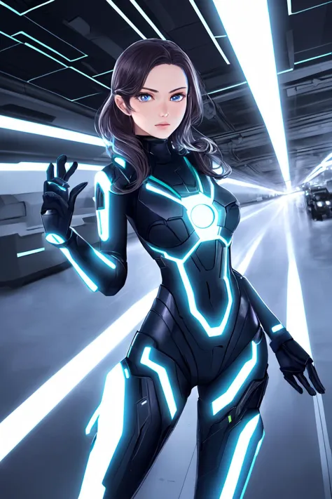 a woman in a futuristic suit standing in a parking garage