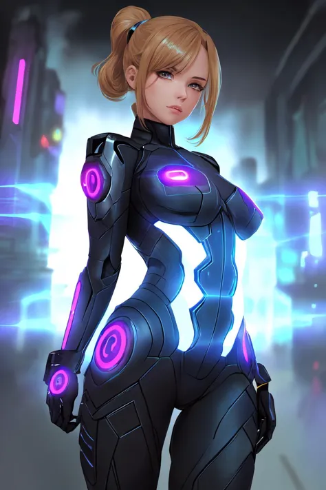 a woman in a futuristic suit with glowing lights on her chest