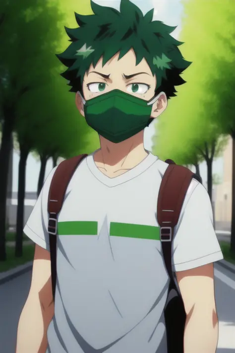 anime screencap, ((1boy)), backpack, bag, boku no hero academia, freckles, green eyes, green hair, horikoshi kouhei, mask, midor...