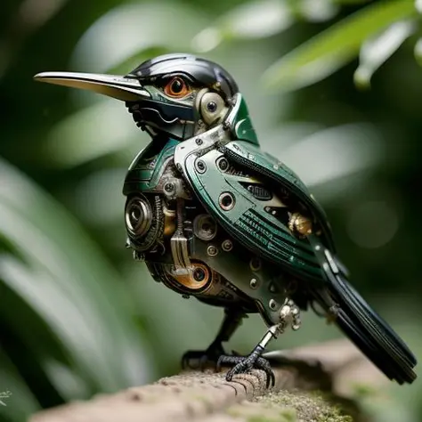 ((masterpiece)), ((best quality)), 8k, high detailed, ultra-detailed, A (black:1.3) mechanical bird, <lora:MechanicalBird:0.8> jungle