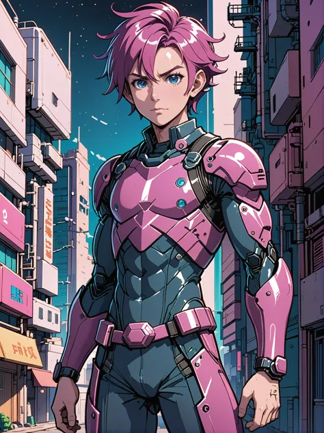 a cartoon picture of a woman in a pink suit standing in a city