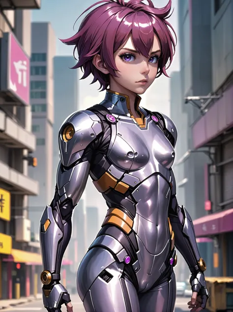 a close up of a woman in a futuristic suit walking down a street