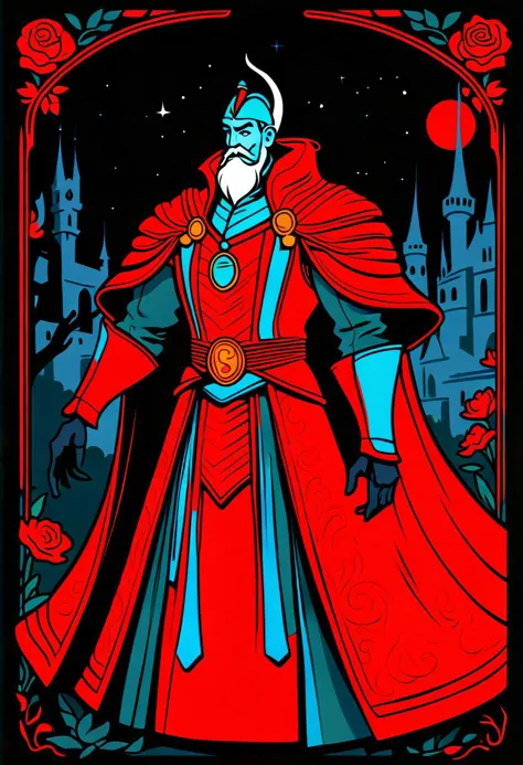 a poster of a man in a red cloak and a red cape