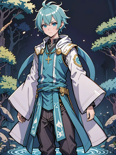 anime style, (full body:1.2), 1boy, man, bishounen, solo, [:fantastical costume design,:0.2] priest, caucasian, aqua hair, (average:1) build, Riparian Zone<lora:EnvyLineArtSliderXL01:1><lora:EnvyBetterHiresFixXL01:0@0,0@.49,1@.5:hr=1>