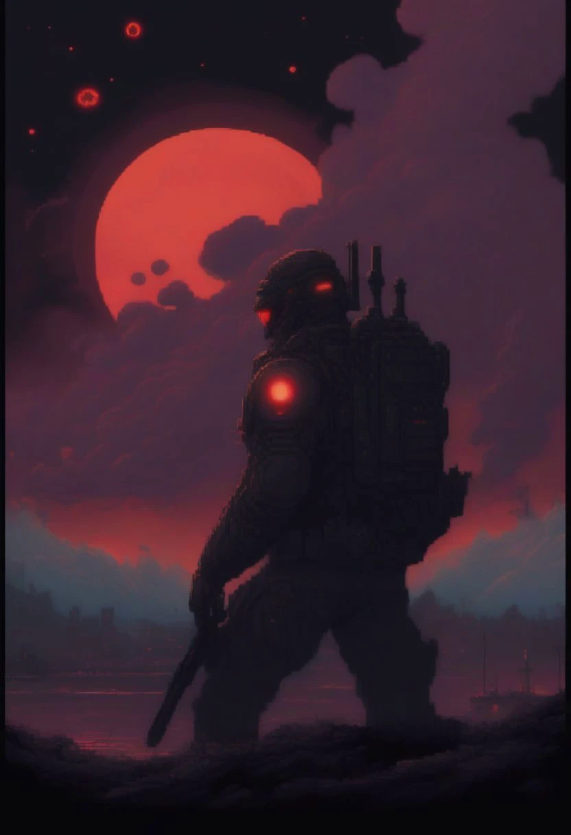 portrait, pixel art 16bits style, cinematic camera, posing, brute cyborg soldier. red moon, flying tanker ships, helicopters, explosions, war, tundra background, neon, noir, menacing, action, aiming, shooting rifle, army, lasers, scrltff7v1