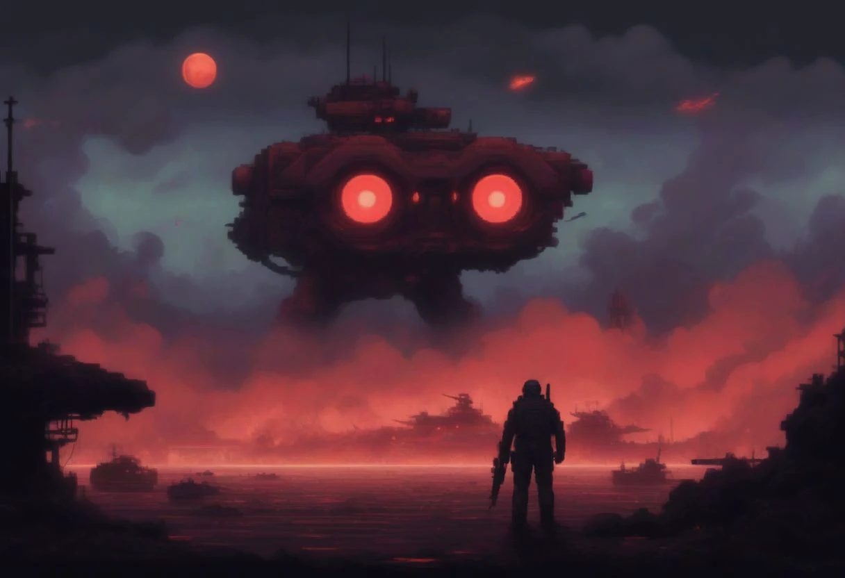 portrait, pixel art 16bits style, cinematic camera, posing, brute cyborg soldier. red moon, flying tanker ships, helicopters, explosions, war, tundra background, neon, noir, menacing, chaos, plenty of soldiers, action, aiming, shooting rifle, army, lasers, scrltff7v1