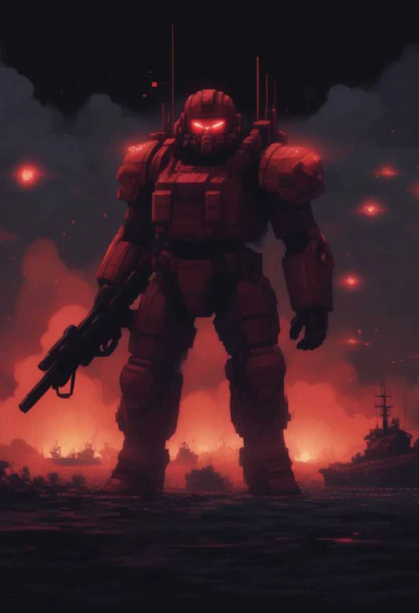 3 layers of depth, portrait, pixel art 16bits style, cinematic camera, posing, brute cyborg soldier. red moon, flying tanker ships, helicopters, explosions, war, tundra background, neon, noir, menacing, chaos, plenty of soldiers, action, aiming, shooting rifle, army, lasers, concept,