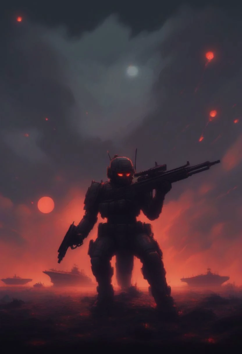 3 layers of depth, portrait, pixel art 16bits style, cinematic camera, posing, brute cyborg soldier. red moon, flying tanker ships, helicopters, explosions, war, tundra background, neon, noir, menacing, chaos, plenty of soldiers, action, aiming, shooting rifle, army, lasers, concept,
