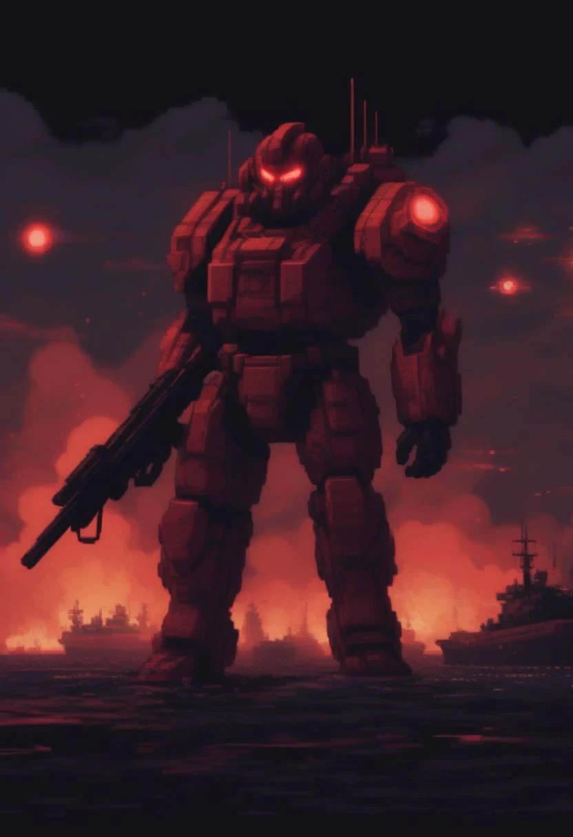 portrait, pixel art 16bits style, cinematic camera, posing, brute cyborg soldier. red moon, flying tanker ships, helicopters, explosions, war, tundra background, neon, noir, menacing, chaos, plenty of soldiers, action, aiming, shooting rifle, army, lasers, concept,