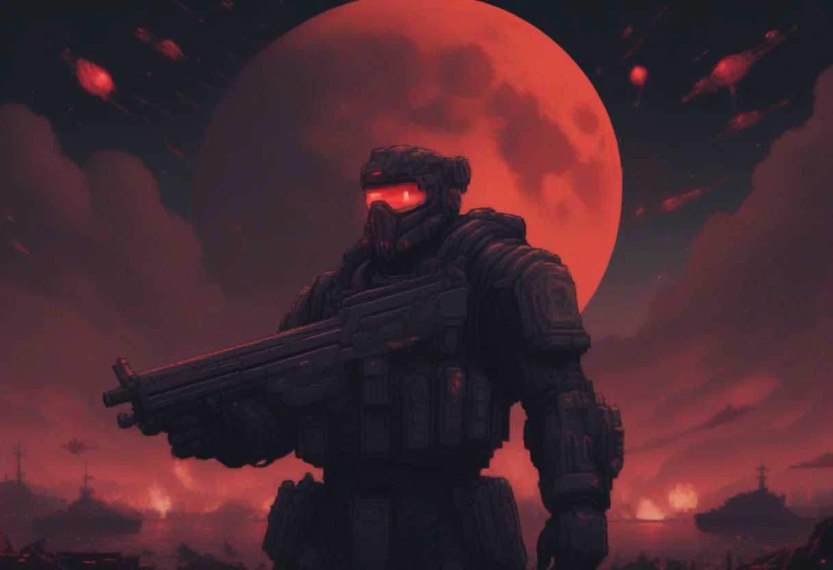 portrait, pixel art 16bits style, cinematic camera, posing, brute cyborg soldier. red moon, flying tanker ships, helicopters, explosions, war, tundra background, neon, noir, menacing, chaos, plenty of soldiers, action, aiming, shooting rifle, army, lasers, scrltff7v1