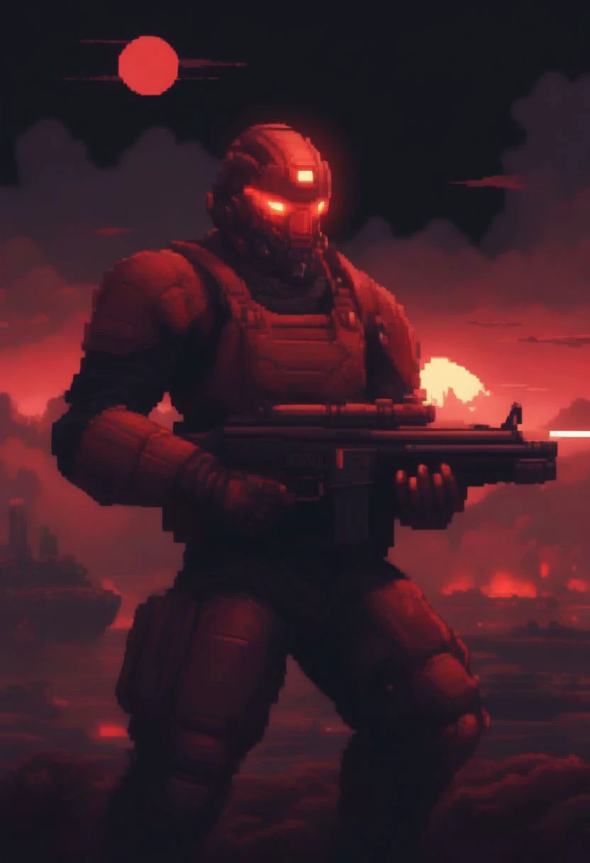 portrait, pixel art 16bits style, posing, brute cyborg soldier. red moon, flying tanker ships, helicopters, explosions, war, tundra background, neon, noir, menacing, action, aiming, shooting rifle, army, lasers, scrltff7v1