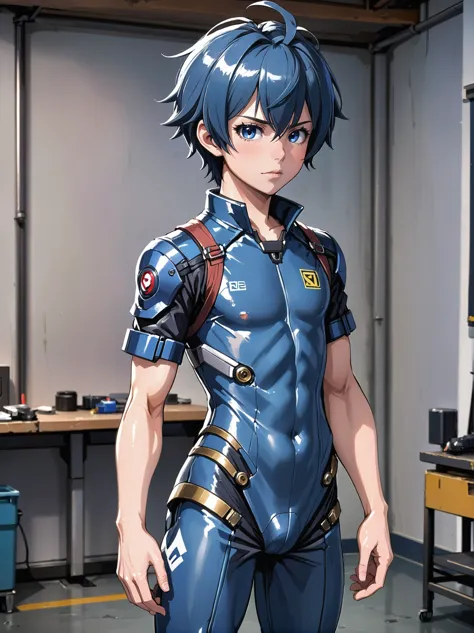 anime style, (full body:1.2), 1boy, man, masculine, solo, [:creative costume design,:0.2] engineer, caucasian, deep mediumblue hair, (slim:1.1) build, Repair and Maintenance Workshop \(room\) <lora:EnvyLineArtSliderXL01:-2><lora:EnvyBetterHiresFixXL01:0@0,0@.49,1@.5:hr=1>